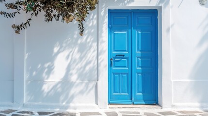 blue door of a white house 