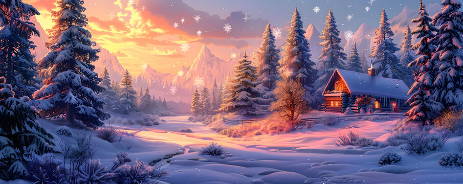A winter Christmas scene landscape illustration for a festive banner or wallpaper.