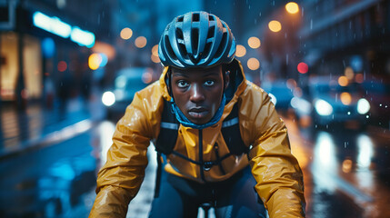 Front shot of a young Afro American cyclist in protective gear riding through a busy city street, illustrating urban commuting and road safety.