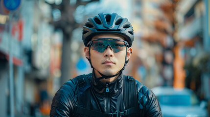 Focused male cyclist wearing protective gear navigates through bustling city streets, highlighting urban commuting and safety awareness.