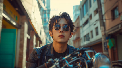 Cool and fashionable young Asian man with sunglasses sitting on a motorcycle in a narrow city alley, embodying urban chic and freedom.