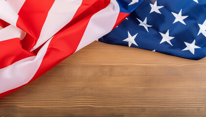 American flag on wooden background. Flat lay, place for text. Independence Day, 4th of July.