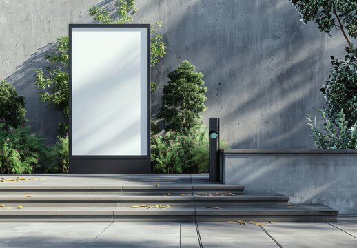 Standing on a wall, a person holds a blank board amidst a business interior with empty frames and advertising space, high-resolution (300 DPI)