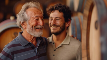 In a Winery, a retired Italian man and a young italian adult share a lighthearted moment