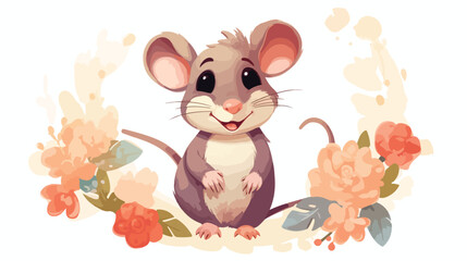 Cute happy rat with ornament and flowers around. Sw