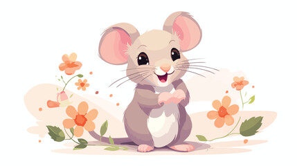 Cute happy rat with ornament and flowers around. Sw