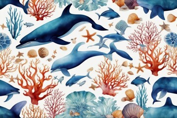 'whale shell watercolor blue marine starfish turtle fish wildlife set coral animals ocean nautical...