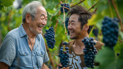 In a ripe black and green Grape Field garden, a retired Japan man and a young Japan adult share a lighthearted moment