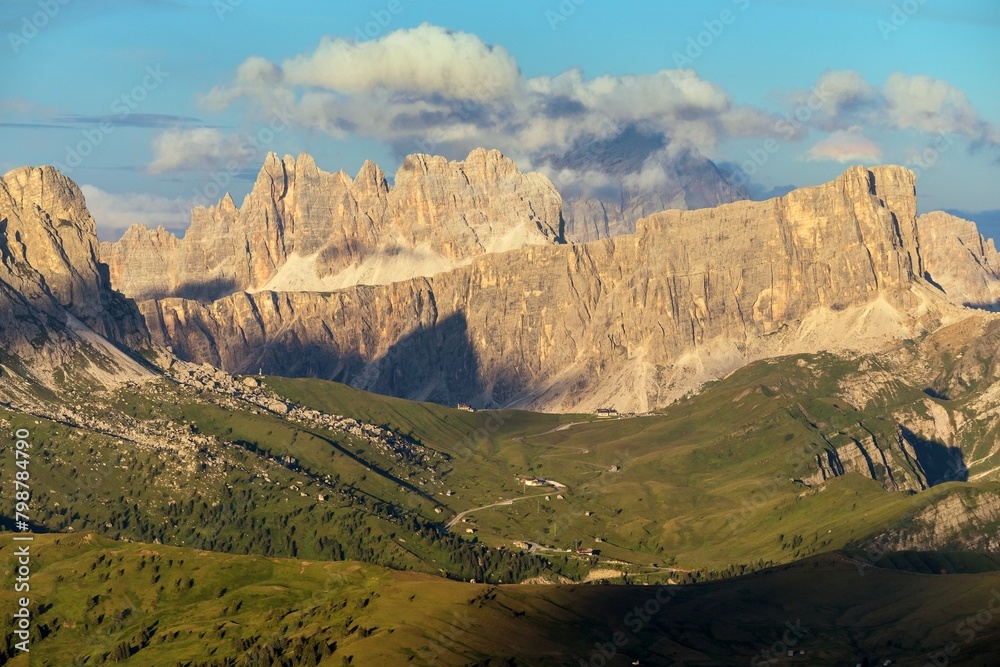 Poster passo giau, evening view from alps dolomites mountains