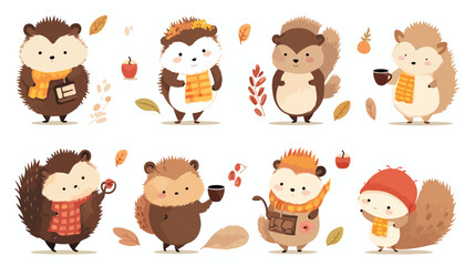Cute hedgehogs set. Funny kawaii forest animals wit