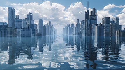 Cityscape with skyscrapers reflected on the water surface.