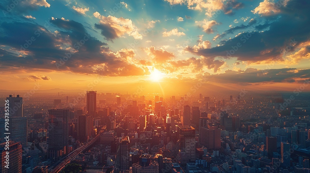 Wall mural urban skyline at golden hour, vibrant cityscape , high resolution