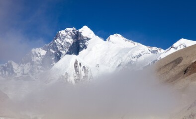 View of Everest Lhotse and Lhotse Shar from Barun valley - obrazy, fototapety, plakaty