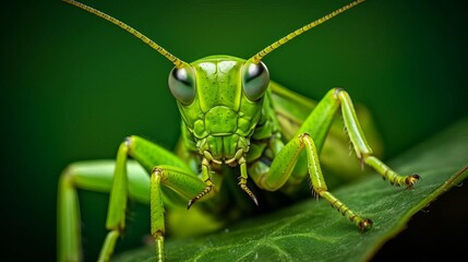 Closeup of a grasshopper perched on a vibrant green leaf, showcasing its detailed exoskeleton and natural camouflage in a lush garden setting