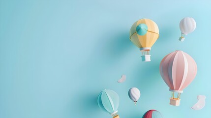 Obraz premium Tiny Hot Air Balloons Drifting on a Pastel Blue Background, Whimsical Design for Soft and Serene Themes, Hand Edited Generative AI