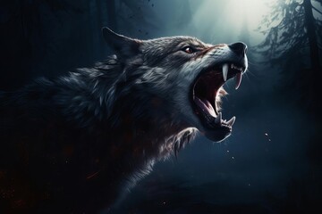 Dramatic scene of a wolf howling, with its fangs clearly visible, moonlit night enhancing the wild and mysterious ambiance