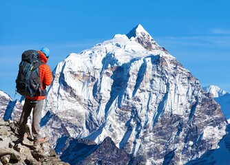 Himalayas mountains and hiker, way Mt Everest base camp