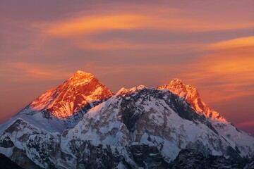 Evening sunset view of Mount Everest and Lhotseu