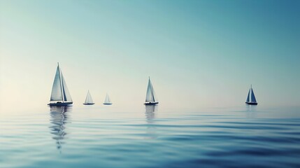 Fototapeta premium Tiny Sailboats Sailing on a Calm Blue Ocean Background, Serene Nautical Design for Peaceful Themes, Hand Edited Generative AI