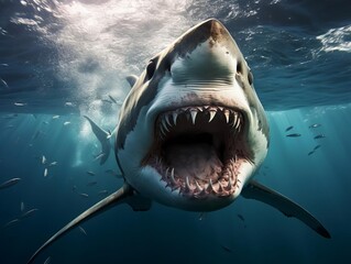 Underwater shot of a great white shark approaching with its mouth slightly open, showcasing the majesty and fear associated with oceanic predators