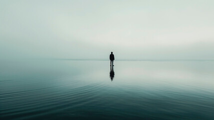 Dark silhouette of a man standing in calm water with fog walking alone outdoors. Copy Space.