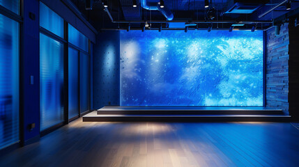 Dynamic Blue Wall, Radiant Reflections, and Polished Wooden Floor Form Spectacular Setting.