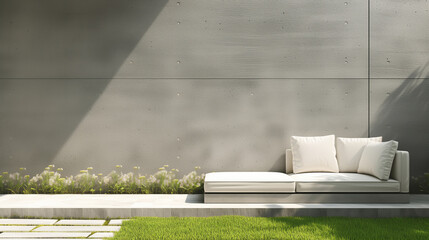 Outdoor terrace and white couch is sitting on a concrete wall in a grassy area