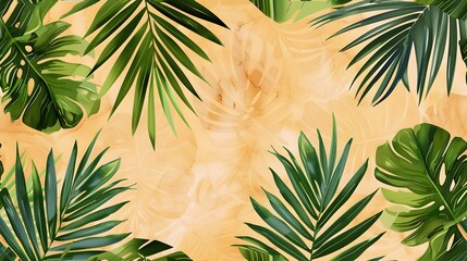 Tropical Palm Leaves Pattern on a Sandy Beach Background,
Beach-Themed Design for Summer Vibes, Hand Edited Generative AI