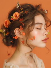 Brown hair Asian woman with Fall season flowers and maple leaves clean decorated in her hair on an isolated Pastel orange background, 