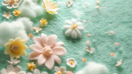 Obraz na płótnie Canvas Wool felt, light green, three-dimensional texture, soft wool felt made of clouds and flowers, daisies, soft and fluffy.