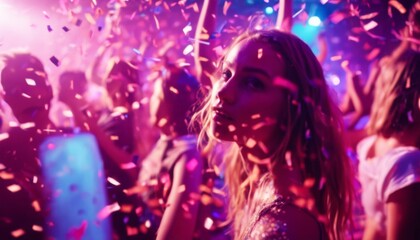 'neon dancing A group confetti Young Party large light. woman people nightclub. person hand audience concert event festival music silhouette night club crowd nightclub nightlife performan'