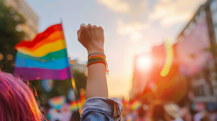 A woman's raised fist with rainbow flag during pride parade