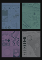 Science, Technology, Space Posters, Illustrations Template Set. 3D Effect Geometric Shapes, Surfaces, Grids, Elements. Abstract Backgrounds 