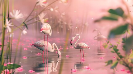 Tiny Flamingos Wading in a Shallow Pink Pond,
Whimsical Background Design with Tropical Theme, Hand Edited Generative AI