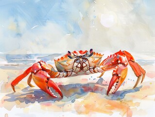 Watercolor hand drawn crab walking on the beach, bright pastel colors, serene scene against the sun and clear sky - obrazy, fototapety, plakaty