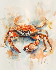 Hand drawn watercolor crab against a sunny backdrop, clear sky, vibrant and serene pastels - obrazy, fototapety, plakaty