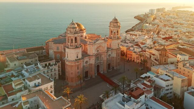 Aerial view of the Cathedral de Santa Cruz at sunset in Cadiz, Andalusia, Spain.