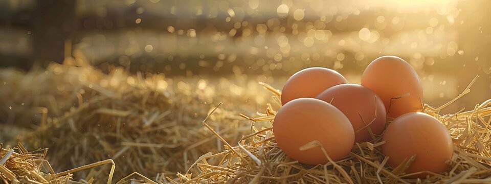 Fresh chicken eggs in the hay on a farm. Selective focus