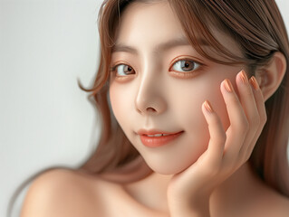 Fototapeta premium woman touching her face skin, close up portrait of beautiful young model with clean fresh natural makeup on white background 