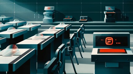 Empty classroom with rows of holographic desks and chairs