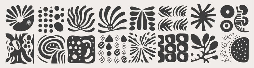 Set of abstract organic shapes. matisse style Cute naive modern vector flat illustration. Boho modern style. Bohemian collection of wavy and liquid shapes. black textures on white background
