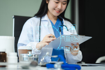 Doctor using clipboard and digital tablet find information patient medical history at the hospital. Medical technology concept.