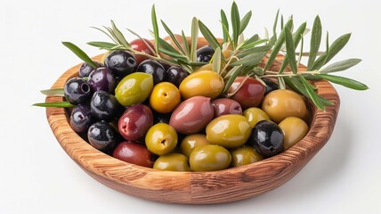 olives on a wooden plate on a white background, Generative AI, - obrazy, fototapety, plakaty
