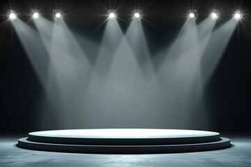 Illuminated empty stage with spotlight beams. - obrazy, fototapety, plakaty