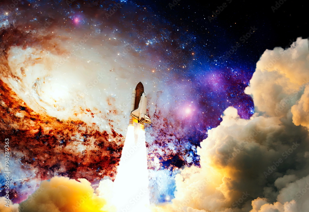 Wall mural dark space shuttle launch in the clouds with stars on background.spaceship flight. elements of this 