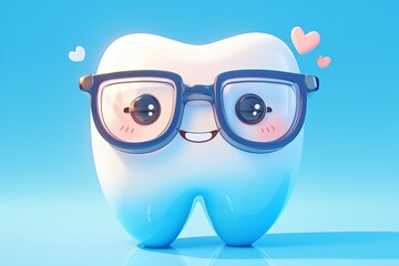 cute cartoon tooth character with glasses smiling on blue background. Cartoon teeth healthy concept