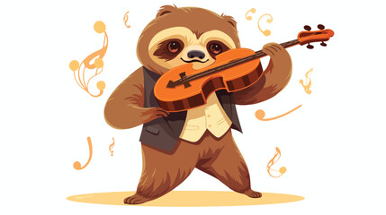 Cute sloth in suit and bow playing fiddle. Animal m