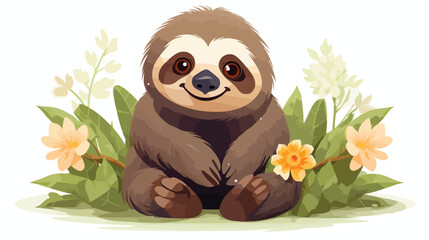 Cute sloth with flower wreath and pretty bouquet in