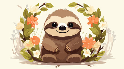 Cute sloth with flower wreath and pretty bouquet in