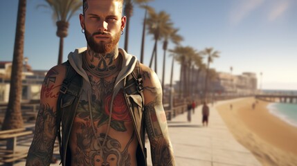 tattooed male tourist is searching for information UHD WALLPAPER